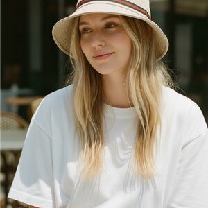 Beige Bucket Hat with Red & Green Stripe